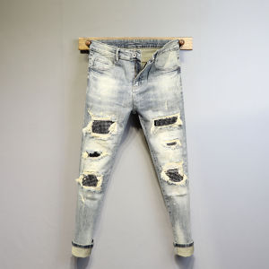 Fashionable Distressed Spring Autumn High Street Slim Fit Mens Jeans with Rivet Patches Large Hole Cat Whisker Medium Waist