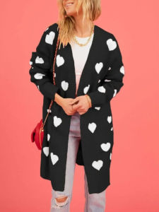 Autumn Winter Women Loose Knitted Sweater Hearts Fashion Pink Long Sleeve Coat Elegant V Neck Loose Crochet Warm Jumper Clothing