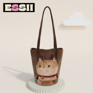 Perfect Collaborative Cat Cartoon Illustration Bucket Bag Womens Shoulder Bag Long Strap Versatile Fabric Bag Cute Style