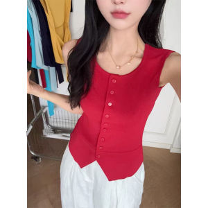 YUEZHONGWEI | Red Ice Silk Knitted Strap Vest Womens Outerwear Summer New Style Slim Fit Short Sleeveless Top Fashion Commute Style