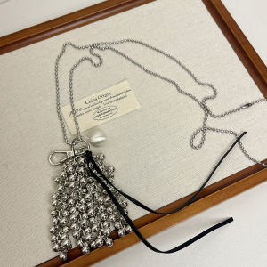 Long Metal Chain Brushed Ball Necklace Leather Tassel Sweater Chain Women Exaggerated Grapevine Design Fashion Jewelry