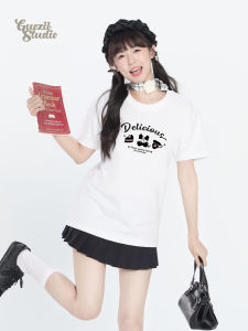 เสื้อยืดคอกลมแขนสั้นผ้าฝ้ายแท้สีขาวสไตล์หวานสำหรับผู้หญิง เสื้อเชิ้ตพื้นฐานลำลองพิมพ์ลายน่ารักสำหรับฤดูร้อน