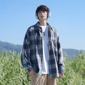 HetingHOME | Hetinghome Plaid Long Sleeve Loose Mens Shirt Autumn Trendy Brand Couples Clothing American Style Washed Polyester Cotton Blend