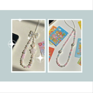 Handmade Beaded Phone Straps Dainty Heart Pearl Ribbon Bow Y2K Style Pretty Keychain Accessory