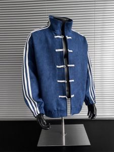 OUMULONG | Blue New Chinese Style Pankou Three Bar Design Mens Jacket