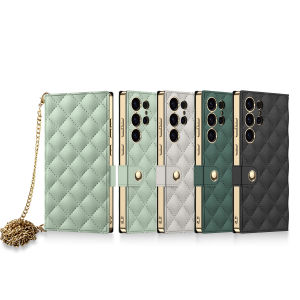 Diamond Quilt S25 Ultra Crossbody Wallet Case Leather Flip Cover Slim Card Holder Stand Samsung Galaxy S25Ultra Casing Full Body Shockproof Protective Phone Case with Chain Strap