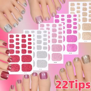 22Tips/Sheet Glitter Toenail Stickers Full Cover Waterproof Self-Adhesive Toe Nail Wraps for Summer Toe Nail Polish Strips Decor