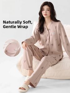 miiow | Pure Cotton Long Sleeve Sleepwear Womens Home Leisure Style Plus Size Ladies Home Clothes Set With Chest Pad Cat Person