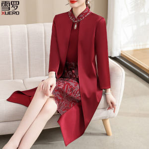 Elegant Cheongsam Dress for Wedding Mothers Fashionable Midi Skirt for Middle-Aged Women Diamond Embellished Polyester Fiber