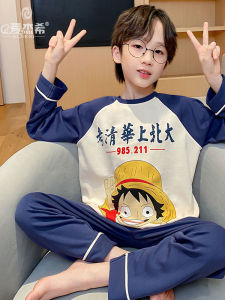 Korean Style Boys Sleepwear Long Sleeve Pure Cotton Home Clothes Set Autumn Season Comfortable Soft round Neck Pullover Suit