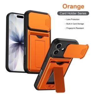 Bank Cards Slot Card Holder Hide Fold Bracket Phone Case For IPhone17 16 17 Pro Max Push Window Lens Protection Shockproof Cover