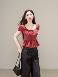 YIKEXIAOYEMEI | Áo Sơ Mi Ngắn Tay Màu Đỏ Giảm Cân Vintage