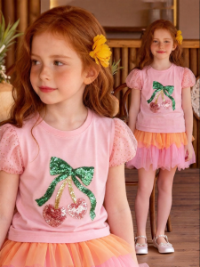 PPTOWN | Cherry Bow Bubble Sleeve Girls T-shirt