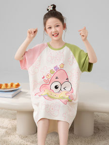 miiow | Cat Girl Childrens Sleep Dress Short Sleeve Thin Home Clothes Summer New Cartoon Cute Girls Home Suit Cotton 100% Female