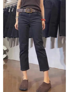 กางเกงยีนส์ทรงตรงเอวสูงสำหรับผู้หญิงไซส์ใหญ่ สีดำ ทรงสลิมฟิต กางเกงขายาวทรงขากระบอก ทรงลำลอง ฤดูใบไม้ร่วง/ฤดูหนาว