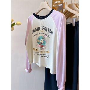 Cartoon Print Color Block Long Sleeve T-Shirt Womens Loose Slimming Short Style Korean Version Commute Autumn New Arrival