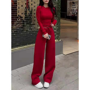 Elegant Slim Fit Sportswear Set for Women Spring Autumn 2024 New High Waist Wide Leg Pants Base Shirt Two Piece Cotton Suit