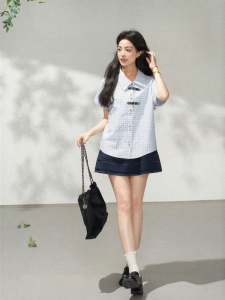 KEIKO | Stylish Casual Summer Short Sleeve Light Blue Plaid Loose Fitting Blouse