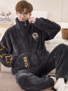Winter Coral Fleece Mens Pajamas Thickened Zipper Teenagers plus Size Flannel Winter Home Wear Suit