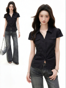 Stylish Black Womens Summer Shirt Short Sleeve