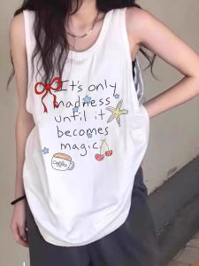Áo Vest in Graffiti Mỹ Cotton Nguyên Chất Cho Nữ Mùa Hè Dài Vừa Phải Rộng Rãi Che Mông Cỡ Lớn Ngọt Ngào Cay Nồng