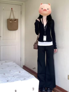 Casual Knitted Black Cardigan Top Slimming Crop Top And Pants Three-Piece Set for Women Fashionable Autumn Wear