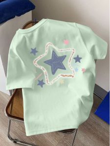 Manboo Summer 2024 New Design Loose Fit Short Sleeve T-Shirt for Women Green Cotton Crewneck with Geometric Pattern