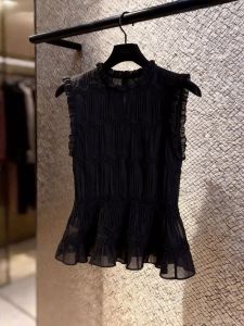 Minimalist Unique French Design Wrinkle Black Sleeveless Blouse