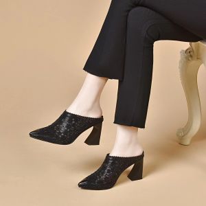 Womens Mesh High Heel Sandals Summer 2024 Pointed Toe Hollow out Diamond Versatile Outdoor Wear Thick Heel Slippers