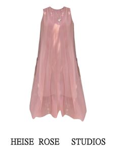 ชุดเดรสสั้นสไตล์เจ้าหญิง แขนกุด คอตั้ง สีชมพู ทรงเอ เดรสผู้หญิงฤดูร้อน เอวกลาง กระโปรงตาข่าย ชุดแฟชั่นเกาหลี