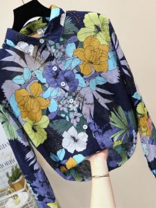 Áo Sơ Mi Nữ in Hoa Vải Lanh Cotton Dáng Rộng Dài Tay Mùa Xuân Thu Cổ Polo Thường Ngày Không Thay Đổi Hình Dạng Mỏng