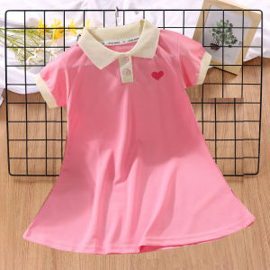 Girls Polo Dress Summer Cotton Polyester Blend Short Sleeve Turn-down Collar One-piece Skirt Korean Style Outdoor Wear