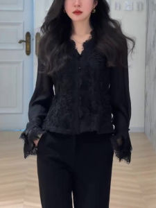 SHUAIYUE | Áo Blouse Nữ Phong Cách Pháp Cao Cấp Thêu Ren Đen