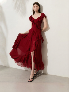 D-PLAY | Flounce French Style Red Chiffon Dress