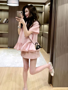 Unique Short Sleeve Womens Top New Summer Fashion French Sweet Style Folded Hemline Versatile Cute Bubbly Personality Set