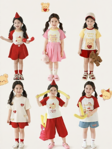 YOEHYAUL | Girls Cartoon Printed Bear 3D Ornament Loose T-Shirt