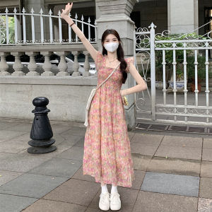 New Chinese Style Buckle V-neck Dress Puff Sleeves Tight Waist A- line Skirt Female Summer Little Fresh Print Chiffon Long Dress