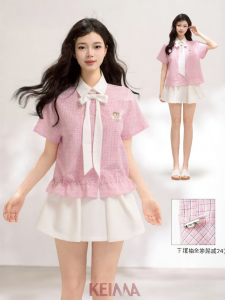 KEIKO | Korean Style Light Pink Check Short Sleeve Shirt Removable Bow Puff Flounce Hem