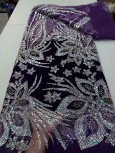 2026 Luxury African Lace Fabric 5 Yards Velvet Lace Beaded Tulle Lace Fabric Embroidered Nigerian Fabric for Wedding Dress