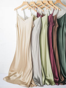 Silk V-neck Wrap Dress French Style Lightweight Summer Long Dress Womens High Waist A-line Gown No-sleeve Commute Simple Design