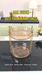 YESALL Rak Kosmetik Putar 1 2 3 Susun – Rak Skincare Aesthetic Gold PET Transparan Serbaguna Dapur & Meja Rias