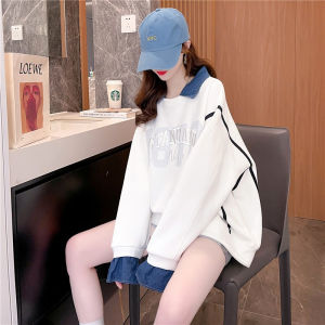 เสื้อสเวตเตอร์คอโปโลพิมพ์ลายทรงหลวมสำหรับผู้หญิงไซส์ใหญ่ เสื้อผ้าทำงานสไตล์เกาหลี แขนยาว ปกโปโล ทรงหลวม สวมใส่สบาย