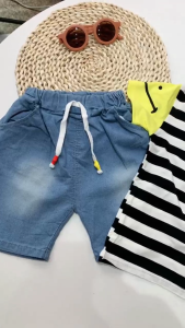 BAMBEAU Baby Boys clothes set cotton T-Shirt Corak & Seluar Jeans Fashion 0-4 years old kids outfit summer Set Baju Budak Lelaki  Ready Stock