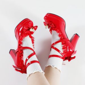 Giày Cao Gót Ren Buộc Dây Phong Cách Công Chúa Lolita Cỡ Lớn Cho Nữ Giày Cao Gót Đế Cao Bằng Cao Su Mũi Tròn