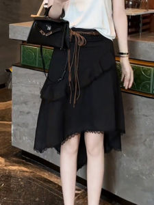 Shalldoer | High Waist A-Line Mini Skirt Irregular Lace Splicing Womens Fashionable Summer Vintage Style Midi Skirt Floral Plant Pattern