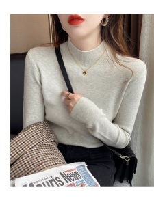 Stylish Womens Knitted Sweater Half High Collar Base Layer Early Autumn Fashionable Long Sleeve Commute Style Regular Fit
