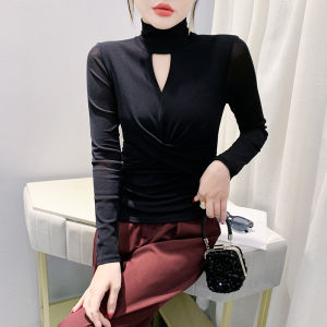 REHIN High-Neck Mesh Hollow Out Sheer Long Sleeve T-shirt New Autumn Collection Base Layer – Slim Fit Elegant Womens Top