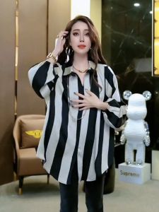 Elegant Vertical Striped Womens Shirt Spring New Style Lightweight Luxury Lantern Sleeve Top Slimming Casual Polyester Blend