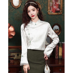 WANGGONGZHU | New Chinese Style Floral Embroidery Shirt Womens Spring Autumn Fashionable High-End Feeling Loose Fit Bubble Sleeve Top