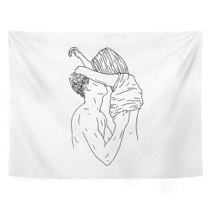 VIKAMA Line Art Couple Hands Heart Wall Tapestry White Background Minimalist Single Stroke Drawing Love Relationship Romantic